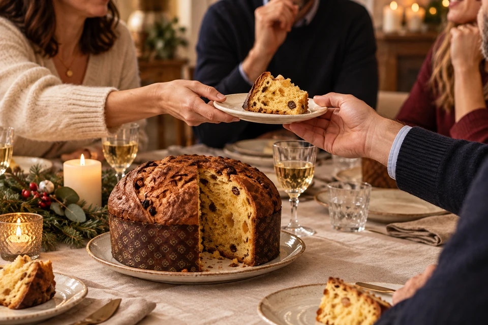 Un panettone abierto y servido para compartir alrededor de una mesa