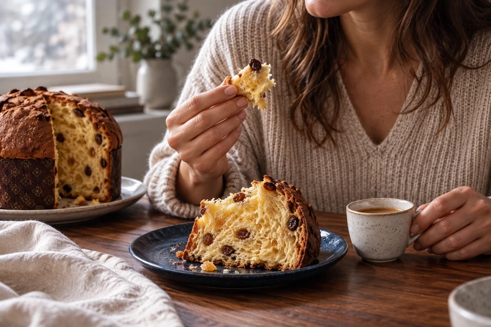 Una persona disfruta de una porción de panettone con café en casa