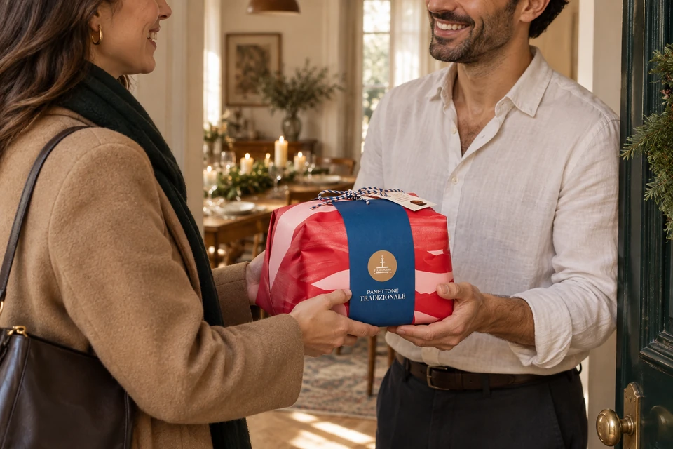 Una invitada entrega un panettone a quien la invita a su casa