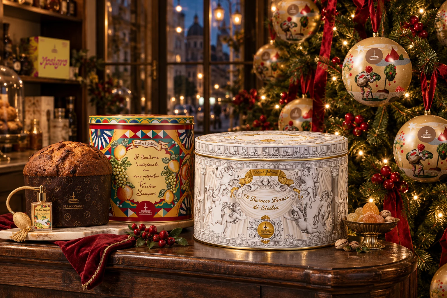 Escaparate navideño con un árbol decorado con Dolce Sfera, Il Barocco Bianco di Sicilia y panettone Vecchio Samperi; Ypsigro al fondo