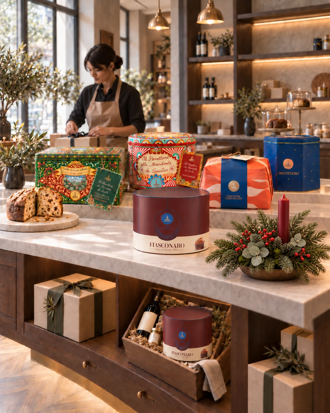 Panettones Fiasconaro y Dolce&Gabbana, lotes de regalo y un centro navideño en una tienda gourmet con dependienta
